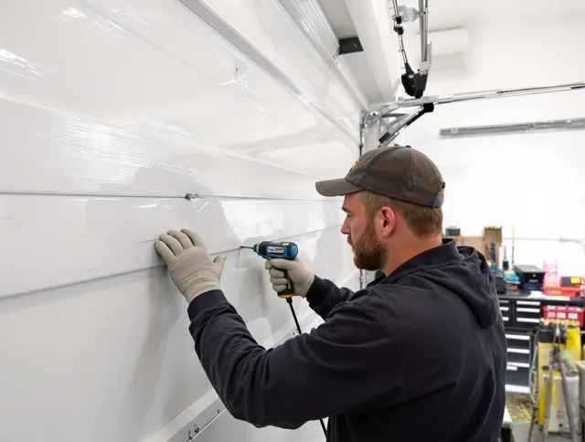 Old Saybrook Garage Door Repair technician demonstrating precision dent removal techniques on a Old Saybrook garage door