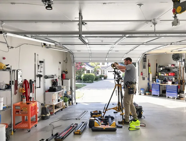 Old Saybrook Garage Door Repair specialist performing laser-guided track alignment in Old Saybrook